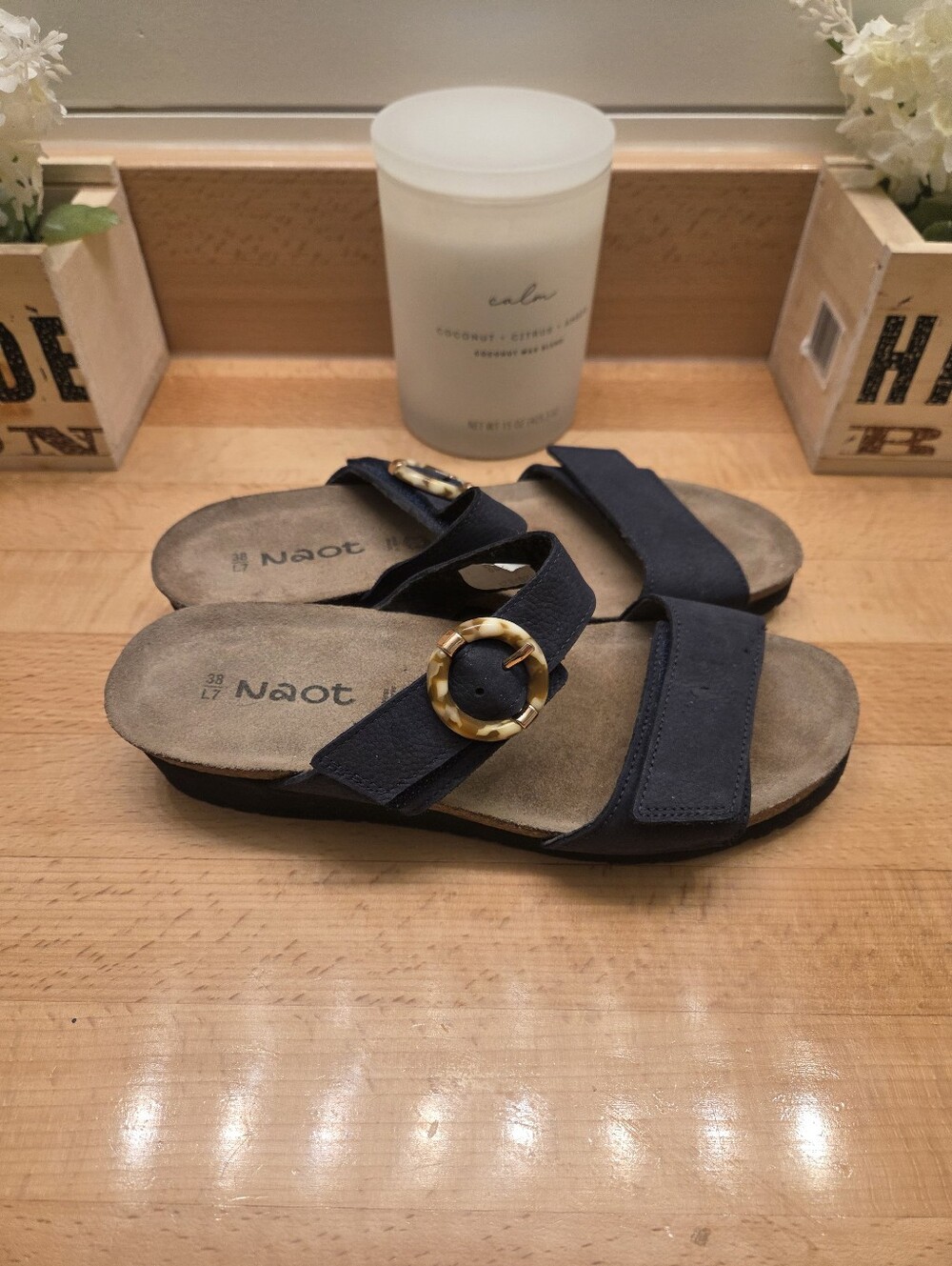 Naot Anabel Slide Sandals Navy Nubuck Tortoise Shell Buckle Womens Sz EU 38 US 7